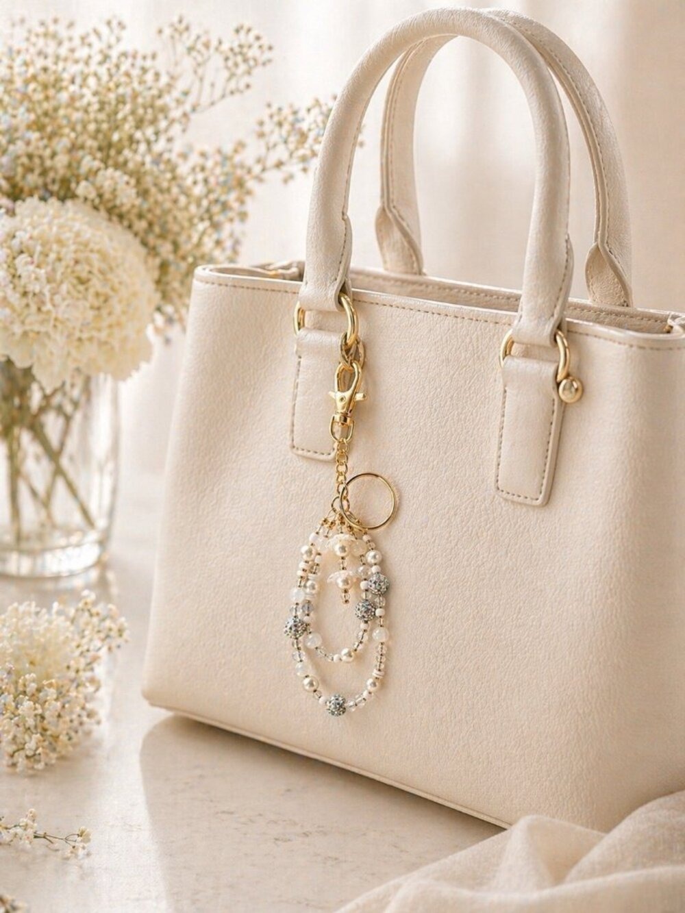 REIMAGINED Beaded Purse Charm Keychain 7” White Pearl Rhinestone Gold Tone NWT